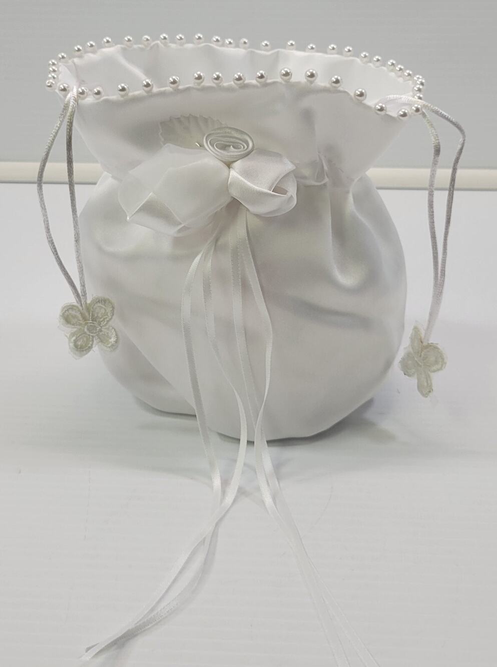 R) White Satin Wedding Bridal Flower Girl Purse Money Bag with Faux Pearls